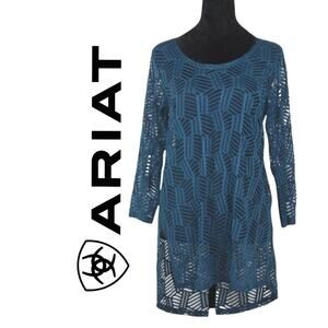Arait Sheer Navy Blue 3/4 Sleeve Tunic with Geometric Print Size Small